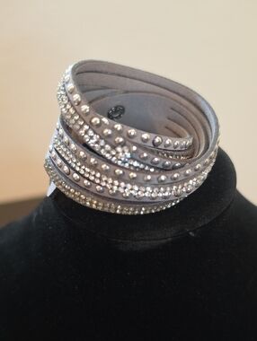 Grey Leather Wrap Bracelet with Crystal and Stud Detailing